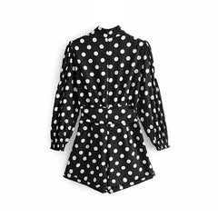 Polka Dot Playsuits Bow Tie Puff Long Sleeve Jumpsuit Mssza