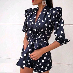 Polka Dot Playsuits Bow Tie Puff Long Sleeve Jumpsuit Mssza