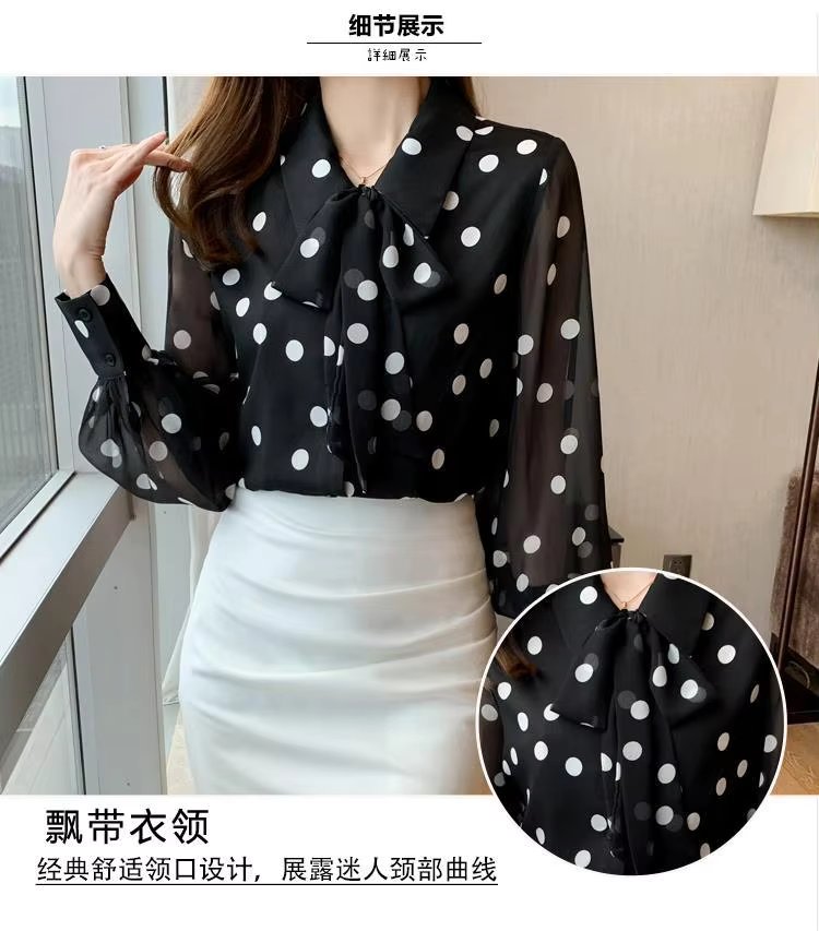 Polka Dot Printing  Turn-down Collar Bow Long Sleeve Chiffon Shirt Mssza