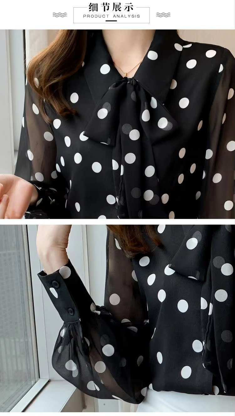 Polka Dot Printing  Turn-down Collar Bow Long Sleeve Chiffon Shirt Mssza