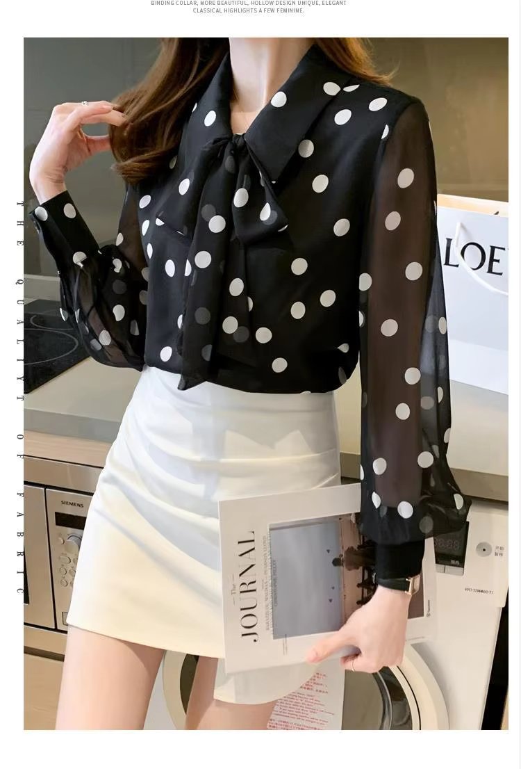 Polka Dot Printing  Turn-down Collar Bow Long Sleeve Chiffon Shirt Mssza