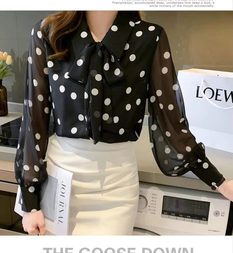 Polka Dot Printing  Turn-down Collar Bow Long Sleeve Chiffon Shirt Mssza