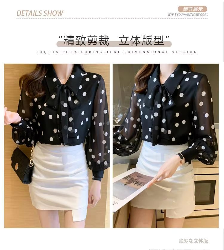Polka Dot Printing  Turn-down Collar Bow Long Sleeve Chiffon Shirt Mssza