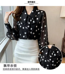 Polka Dot Printing  Turn-down Collar Bow Long Sleeve Chiffon Shirt Mssza