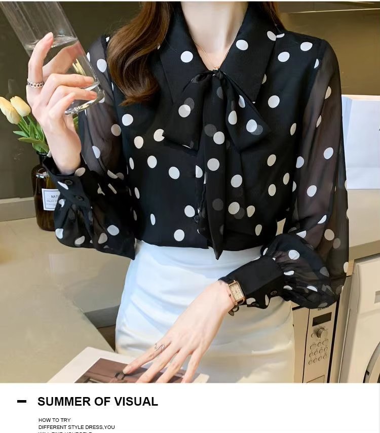 Polka Dot Printing  Turn-down Collar Bow Long Sleeve Chiffon Shirt Mssza