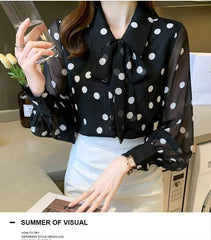 Polka Dot Printing  Turn-down Collar Bow Long Sleeve Chiffon Shirt Mssza