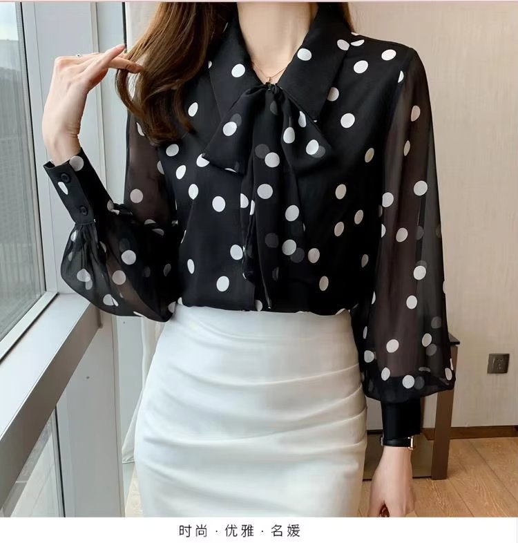 Polka Dot Printing  Turn-down Collar Bow Long Sleeve Chiffon Shirt Mssza