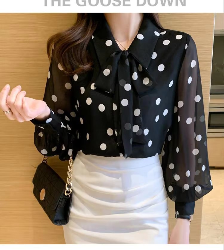 Polka Dot Printing  Turn-down Collar Bow Long Sleeve Chiffon Shirt Mssza