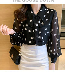 Polka Dot Printing  Turn-down Collar Bow Long Sleeve Chiffon Shirt Mssza