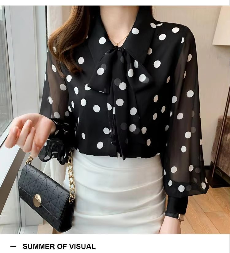 Polka Dot Printing  Turn-down Collar Bow Long Sleeve Chiffon Shirt Mssza