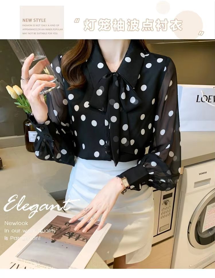Polka Dot Printing  Turn-down Collar Bow Long Sleeve Chiffon Shirt Mssza