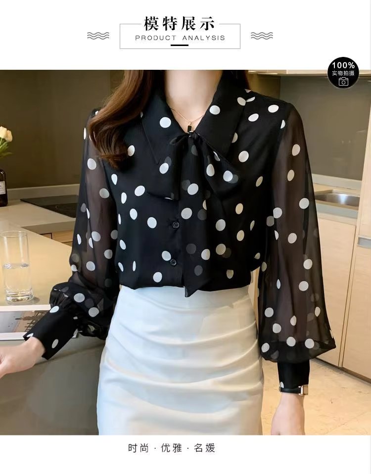 Polka Dot Printing  Turn-down Collar Bow Long Sleeve Chiffon Shirt Mssza