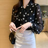 Polka Dot Printing Turn-down Collar Bow Single Breasted Chiffon Shirt Tops Mssza