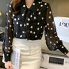 Polka Dot Printing Turn-down Collar Bow Single Breasted Chiffon Shirt Tops Mssza