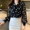 Polka Dot Printing Turn-down Collar Bow Single Breasted Chiffon Shirt Tops Mssza