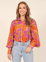 Polyester Classic Printed Buttons Long Sleeves Tops Mssza