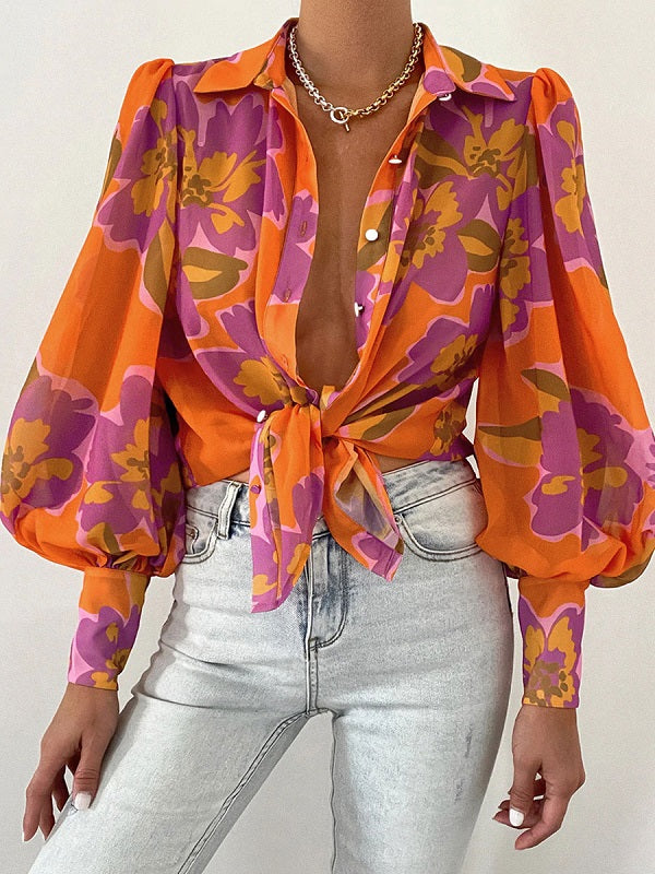 Polyester Classic Printed Buttons Long Sleeves Tops Mssza