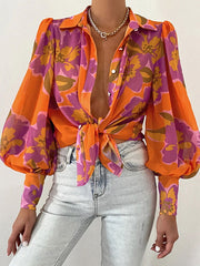 Polyester Classic Printed Buttons Long Sleeves Tops Mssza