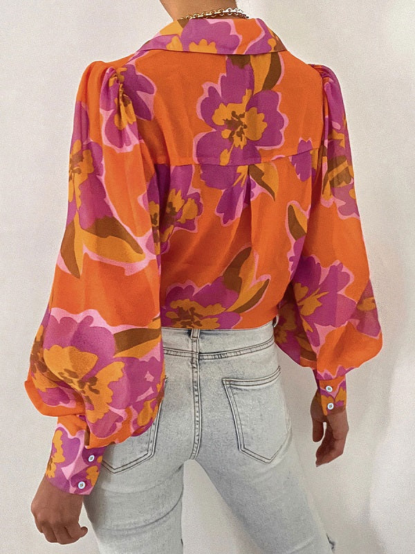 Polyester Classic Printed Buttons Long Sleeves Tops Mssza