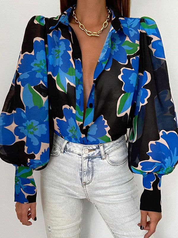 Polyester Classic Printed Buttons Long Sleeves Tops Mssza