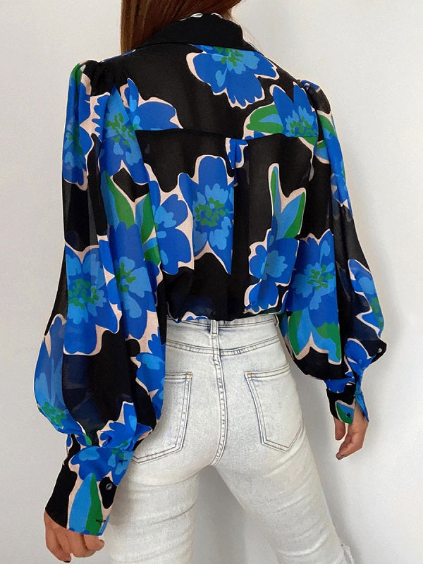 Polyester Classic Printed Buttons Long Sleeves Tops Mssza