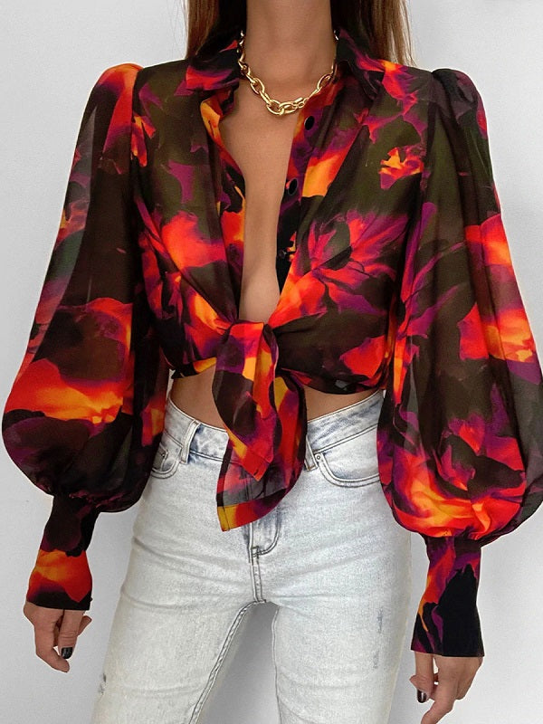 Polyester Classic Printed Buttons Long Sleeves Tops Mssza