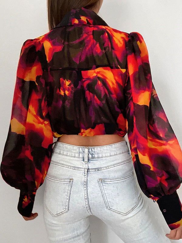 Polyester Classic Printed Buttons Long Sleeves Tops Mssza