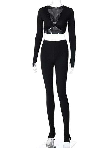 Polyester Casual Top Long Sleeves V Neck 2 Piece Sets Mssza