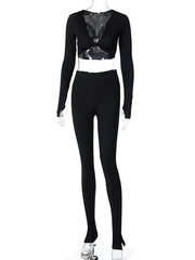 Polyester Casual Top Long Sleeves V Neck 2 Piece Sets Mssza