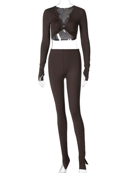 Polyester Casual Top Long Sleeves V Neck 2 Piece Sets Mssza