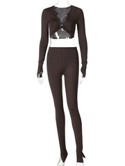 Polyester Casual Top Long Sleeves V Neck 2 Piece Sets Mssza
