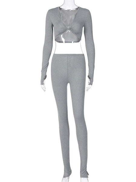 Polyester Casual Top Long Sleeves V Neck 2 Piece Sets Mssza