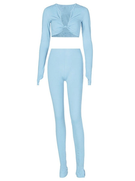Polyester Casual Top Long Sleeves V Neck 2 Piece Sets Mssza