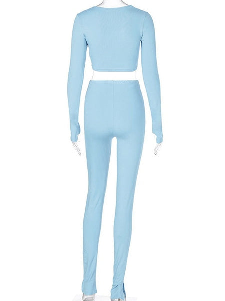 Polyester Casual Top Long Sleeves V Neck 2 Piece Sets Mssza