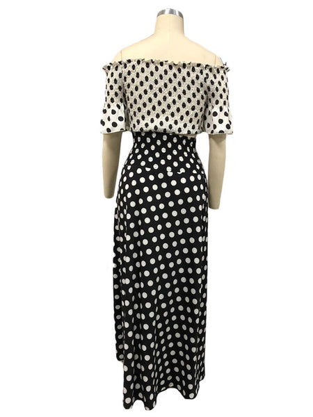 Polyester Strapless Bateau Neck Polka Dot Pleated Casual Blouse With High Split Dress Mssza