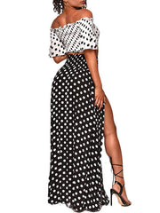 Polyester Strapless Bateau Neck Polka Dot Pleated Casual Blouse With High Split Dress Mssza