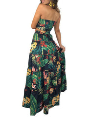 Polyester Strapless Floral Print Printed Lace Up Top With Long Skirt Mssza
