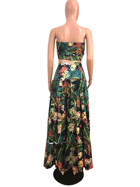 Polyester Strapless Floral Print Printed Lace Up Top With Long Skirt Mssza