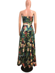Polyester Strapless Floral Print Printed Lace Up Top With Long Skirt Mssza