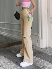 Polyester Stretch Raised Waist Button Fly Zipper Fly Straight Trousers Mssza