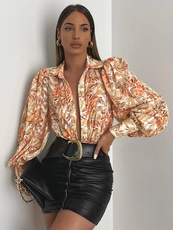 Polyester Turndown Collar Classic Printed Buttons Long Sleeves Tops Mssza