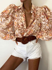 Polyester Turndown Collar Classic Printed Buttons Long Sleeves Tops Mssza