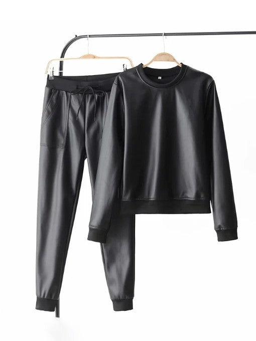 Popular Solid PU Two Piece Outfits Mssza