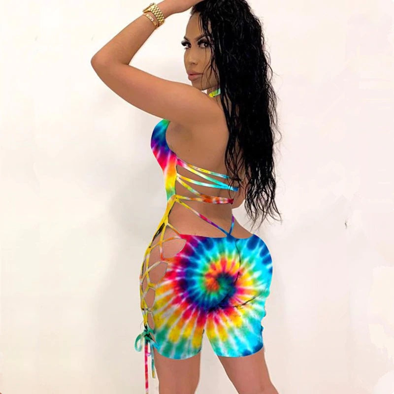 Positioning Print V-Neck Hollow Out Nightclub Party Bandage Jumpsuits Mssza
