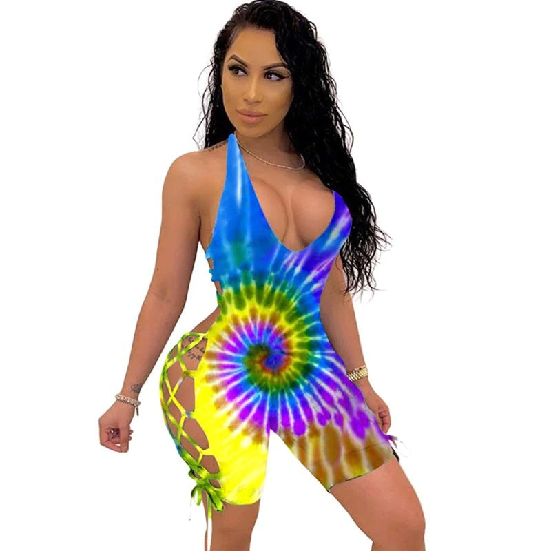Positioning Print V-Neck Hollow Out Nightclub Party Bandage Jumpsuits Mssza