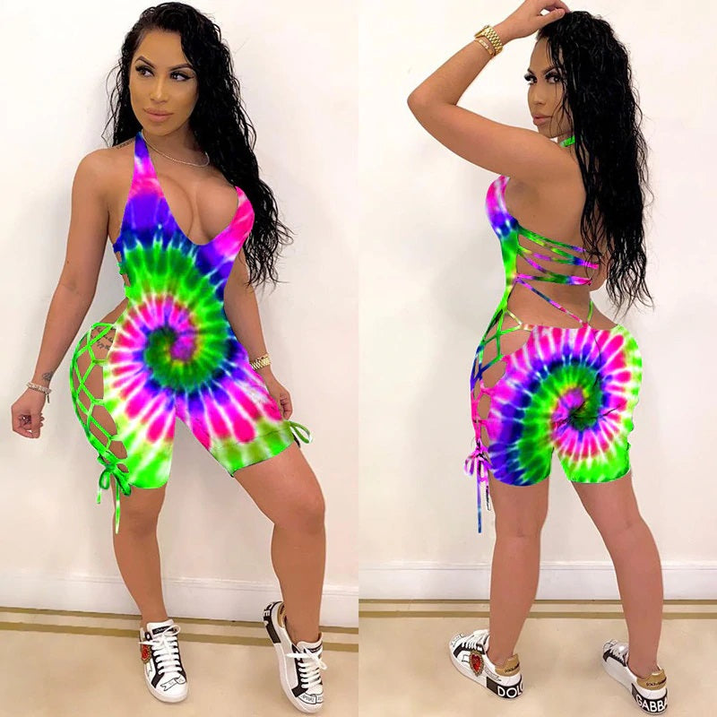 Positioning Print V-Neck Hollow Out Nightclub Party Bandage Jumpsuits Mssza