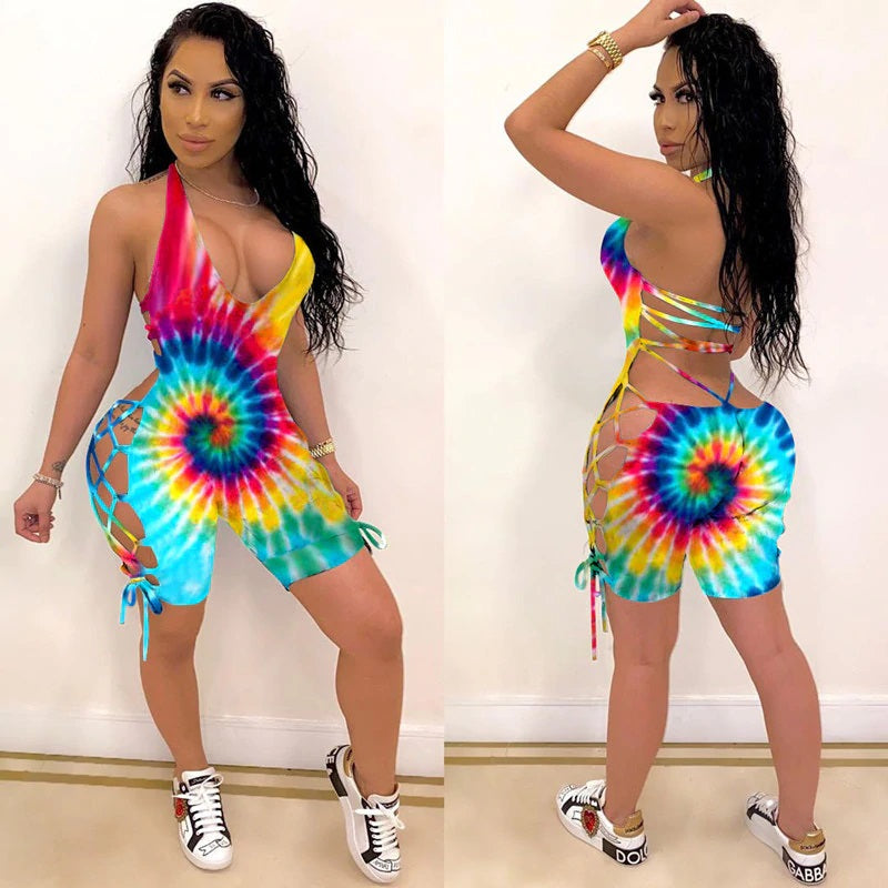 Positioning Print V-Neck Hollow Out Nightclub Party Bandage Jumpsuits Mssza