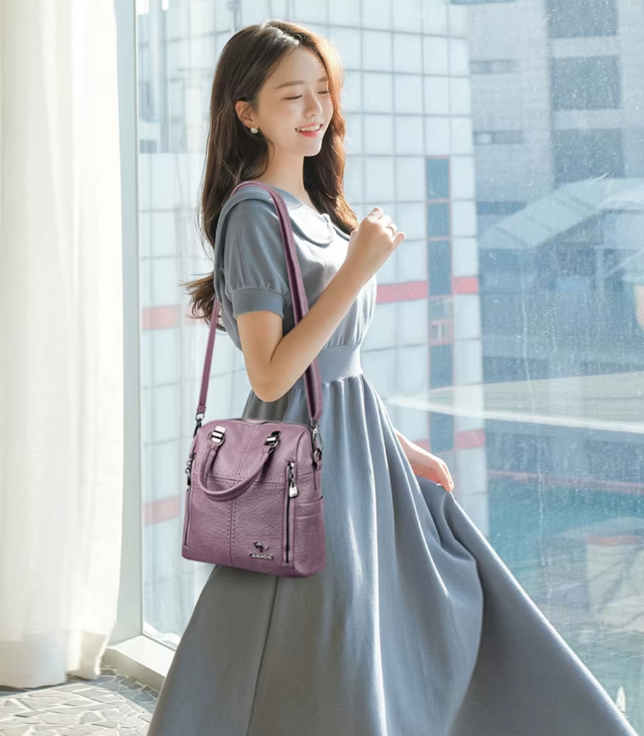 Preppy Style Multifunction Silt Pocket Travel School Leather Backpack Mssza