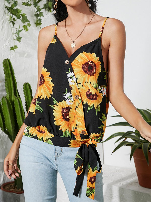 Print Crossed Front Tie-up Design V-neck Cami Mssza