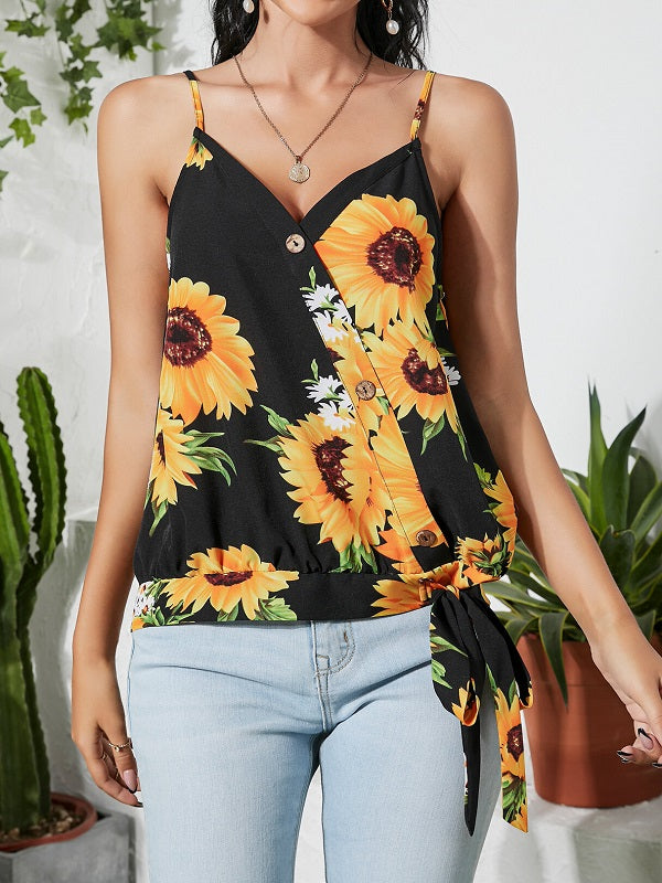 Print Crossed Front Tie-up Design V-neck Cami Mssza